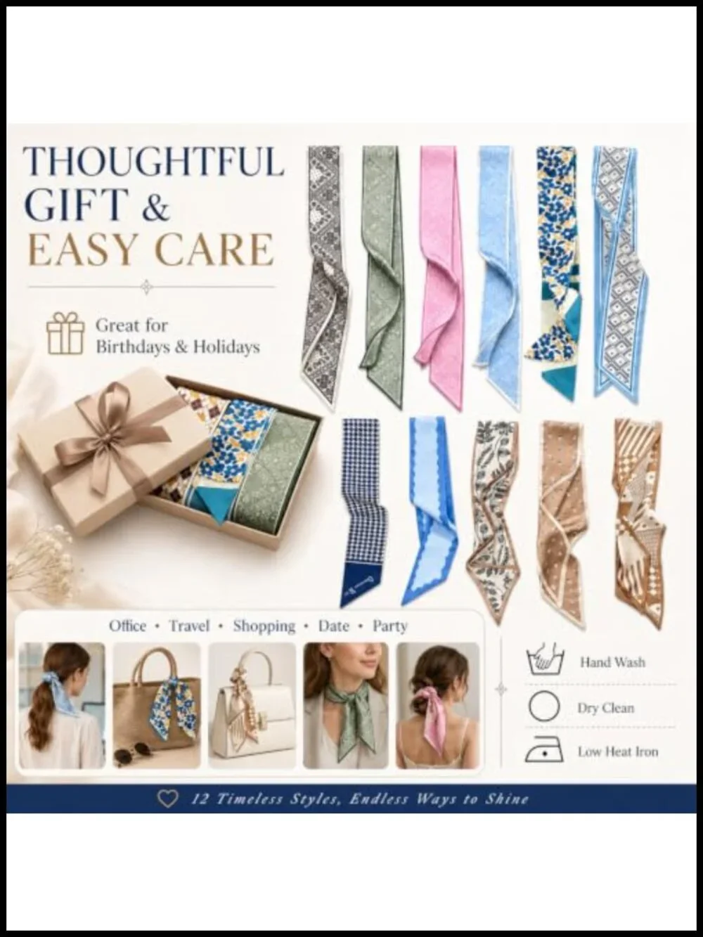 24 Pcs Multifunctional Silk-Like Fashion Scarves for Women, Neck Scarf, Hair